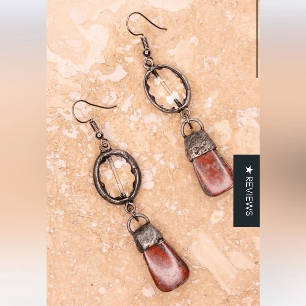 Laciann Collective red jasper gemstone faceted oval crystal gunmetal earrings
